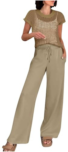 NSICBMNO 2 Piece Outfits Women Lounge Set Crochet Tops Round Neck T Shirts Wide Leg Trousers Drawstring Joggers Summer Co Ord Sets Ladies Airport Outfits Casual Tracksuit For Holiday Beach