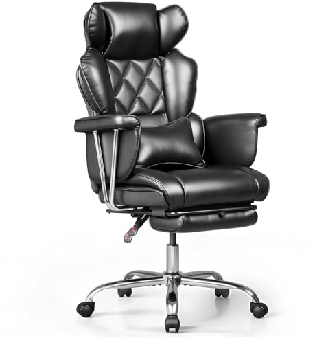 DEVAISE Sedia da Ufficio Ergonomica Nera con Poggiapiedi – Poltrona Direzionale in Pelle Rigenerata, Schienale Reclinabile 90°-145°, Supporto Lombare, Braccioli Imbottiti, Portata Max 180 kg