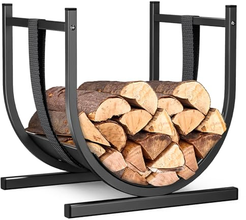 VOUNOT® Portalegna da Interno a Forma di U con Cinghia di Sicurezza, Cesta Porta Legna in Metallo per Camino e Esterno, Base Robusta e Stabile per Legna da Ardere, 41x37x39,5 cm, Nero