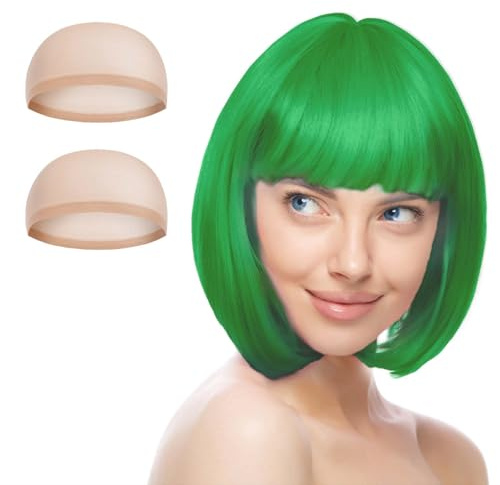 AUYAO Parrucca corta a caschetto da donna, confezione da 3 parrucche corte a caschetto verde con 2 cuffie, accessorio per travestimento cosplay con frangia, sintetica, dritta, per tutti i giorni e