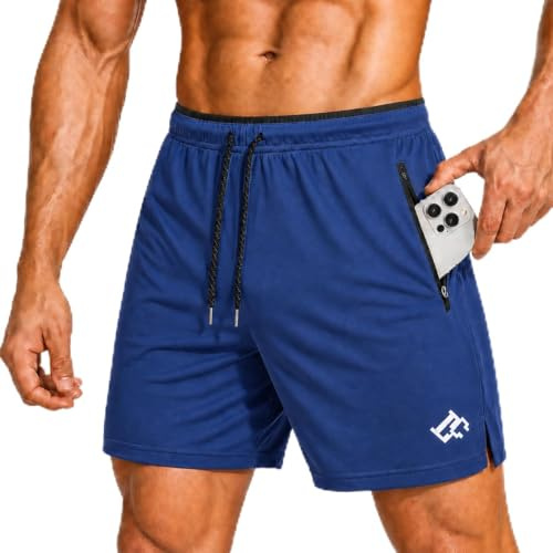 LORSPORTCH Pantalones Cortos de Gimnasio para Hombre Correr Deportivos Bolsillos con Cremallera Azul Marino XXL