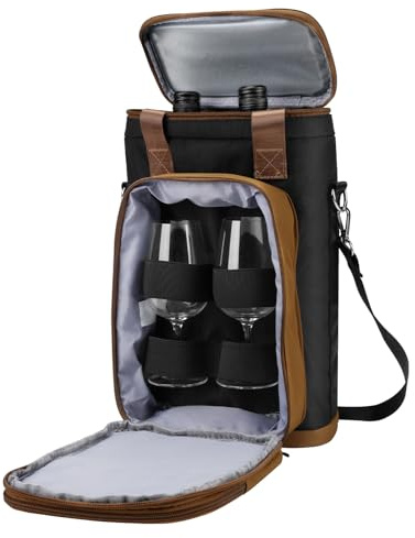 Rexmore Insulated Two Bottle Wine Tote Carrier, Tactical Cooler Bag with Secure Compartment & Adjustable Strap, Holds Glasses & Opener for Picnic, Beach, Travel & Parties - Gift for Wine Lovers