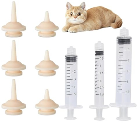 YUVKIN Set 9 pezzi tettarelle in silicone riutilizzabili, bottiglia l'allevamento di latte per gatti, con siringhe di plastica alimentazione, cuccioli, gattini e altri piccoli animali domestici