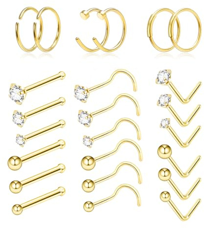 24 Stück Nasenpiercing Gold, 20G 14K Edelstahl Nasenring Nasenstecker Gold Screw, 316L CZ/Straight/L-Form/Kugel Nostril Piercing Schmuck, Clicker Nose Ring, Nasenpiercing Ring Piercing Nase Ring