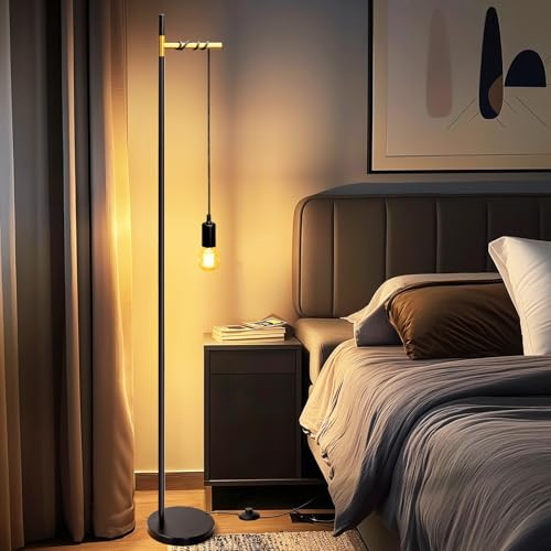 Aigostar Lampara de Pie salon Retro E27, Floor Lamp de Metal con Cable de 180 cm y Interruptor de Pie, Sin Bombilla, MAX.40W, Negro/Dorado