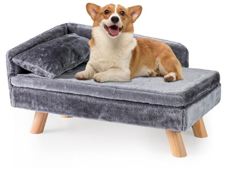 COSTWAY Elevated Dog Sofa Bed, 71 x 43 x 40cm Pet Couch Lounger with Removable Cushion & Pillow, Sturdy Wood Legs, for Small Dogs Cats (Grey)