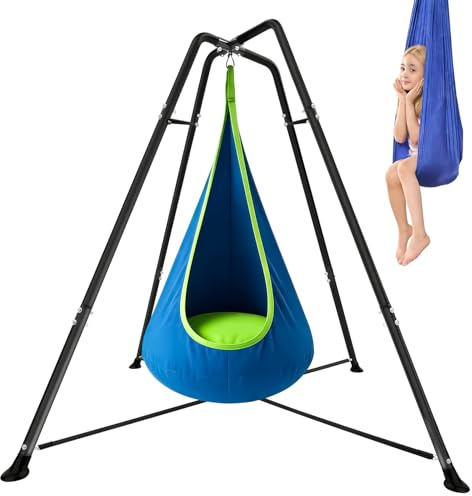 300LBS Heavy Duty Sensory Swing with Stand, X-Shaped A-Frame Anti-Rust Weather Resistant, Indoor Outdoor Pod Hammock Chair for Adults, Included Hardware for Backyard/Playroom/Park