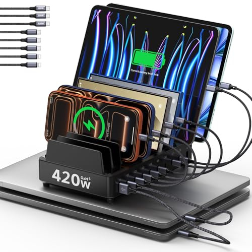 Station de Charge 420W Multi-appareils, Station de Charge USB c GaN PD3.0, 10 Ports, Charging Station Bureau Charge Rapide pour MacBook, iPhone, Galaxy. Noir