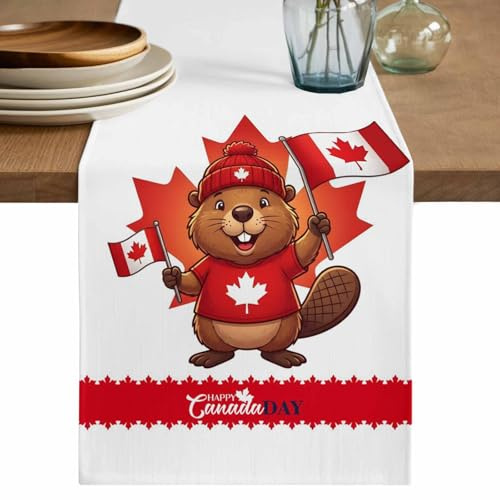 Canada Beavers Table Runner 70 Inches, Modern Chic Maple Leaf Red Brown Bed Runner Dresser Scarves Tabletop for Indoor Outdoor Parties/Ceremony/Banquet, 13 x 70