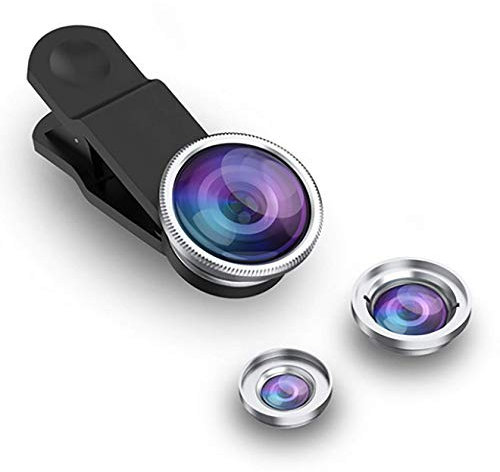 Ligero y Compacto 3 en 1 Clip-On Adaptador de cámara/Lente Set para Smartphones – Objetivo Ojo de pez (180 ° Fisheye Lente) + Amplio (0,65 x Wide) + Lente Macro (10 x) Adecuado para Todos los móviles
