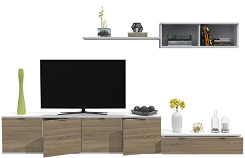 DORMIDAN- SL12, Mueble de Comedor, Conjunto de Salon, módulo bajo, modulo Colgante (Blanco/Roble, 2.8 Metros)