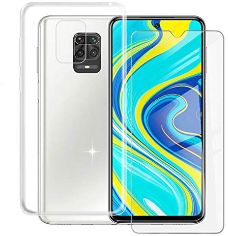 HHUAN Funda + Cristal Templado para Xiaomi Redmi Note 9S (6.67) HD Protector Pantalla, Transparente Cover Suave Silicone Caso Bumper TPU Case Carcasa - Transparente