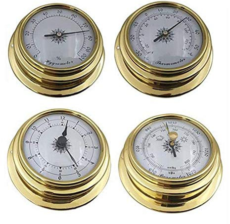 BAWAQAF Barómetro, barómetro de color latón para colgar en la pared, juego de 4 piezas, termómetro, higrómetro, barómetro, relojes barómetro, carcasa de cobre para estación meteorológica