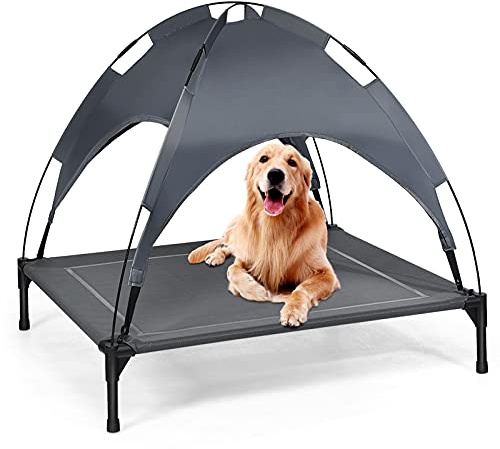 DREAMADE Lit Surélevé pour Chien avec Auvent Amovible, Lit sur Pied pour Chien avec 4 Coussins Antidérapants, Charge Max.50KG, Utilisation Large pour Jardin, Camping ou Plage (XL)