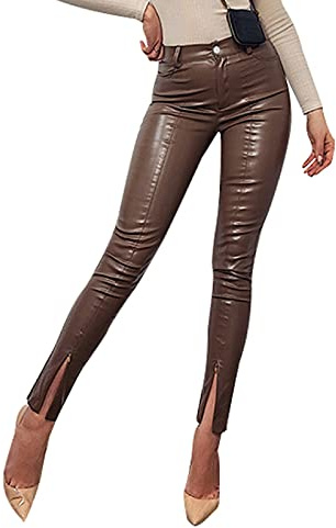 Madger PU Leather Trousers for Women Sexy Hollow Out Tight Pants Slim Fit High Waist Lace Up Leggings Party Night Out Clubwear (A-Brown, L)