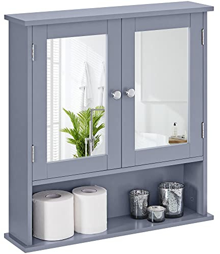 Yaheetech Armoire Murale de Salle de Bain, Placard de Rangement Toilettes 3 Niveaux, Étagères à Hauteur Réglable, 2 Portes et Miroirs, 56 × 13 × 58 cm Gris