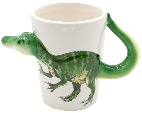 Dekohelden24 Kaffeebecher Kaffeetasse mit Dino aus Keramik - Motiv: Velociraptor - Größe: ca. H/Ø: 11 x 7 cm/Fassungsvermögen: ca. 300ml