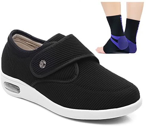 Zapatos para Diabéticos Mujer Ajustable Edema Zapatos para Hinchados Antideslizantes Transpirable Zapatos para Caminar con Artritis Zapatillas de Fascitis Plantar,Negro,39 EU