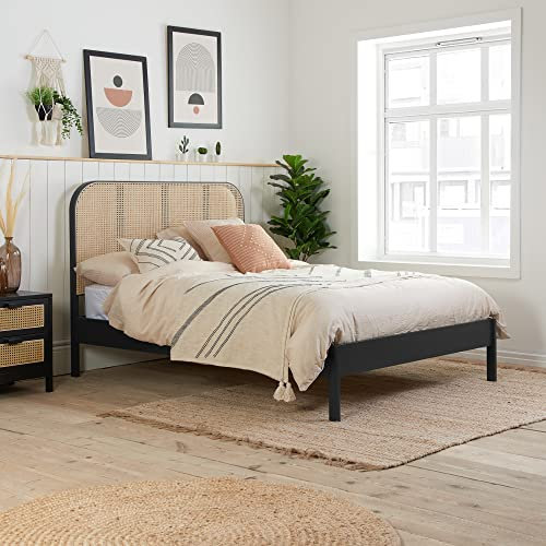 happybeds Rattan Wooden Bed, Margot Black Wooden Bed Frame, Double, King Size (King (U.K. Standard))