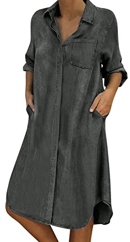Jeansklänning dam sommar knälång – jeansskjorta dam överdimensionerade jeansklänningar långärmad sommarklänning V-ringad skjortblusklänning vintage festklänning tunika skjorta blusklänning denimklänning strandklänning