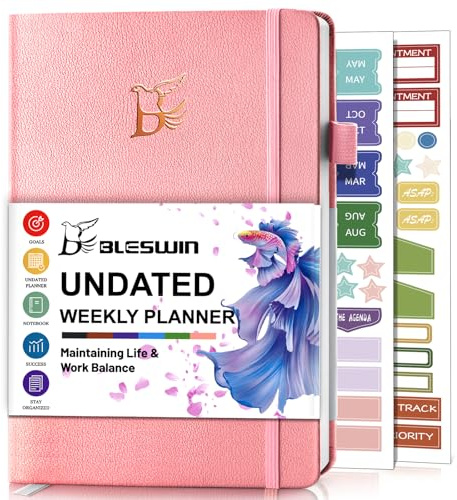 BLESWIN Wochenplaner Undatierter - A5 Terminplaner (21,5 x 14,5cm) Produktivitätsplaner, Zielsetzung mit Gummiband, Stiftschlaufe, Sticker, Rosa Terminplaner für die Work-Life-Balance