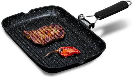 briebe Black Titanium Grill Asador Rayas, Inducción, Antiadherente Titanio, Sartén Plancha 34x24cm Aluminio Fundido sin PFOA, Mango Plegable, Apto Vitrocerámica, Gas