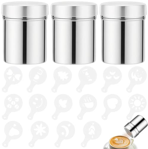 XSHAO® 3 Pcs Saupoudreuse Sucre Glace, Saupoudreurs de Cacao en Acier avec Couvercle et 16 Pochoirs à Café pour Cacao Epice Poudre Cappuccino Sucre