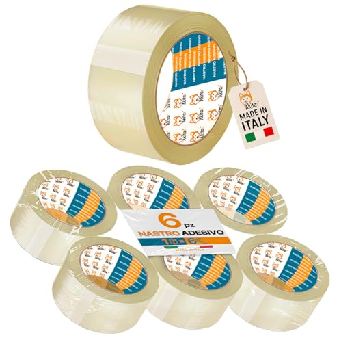 AKITAInk Nastro Adesivo Trasparente per Imballaggio 6 Rotoli – 50mm x 66m x 76mm – PP Silenzioso, Alta Aderenza, Resistente a Strappi – Ideale per Pacchi, Scatole, Spedizioni e Trasloco