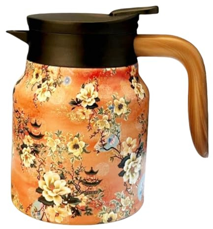 Isolierkanne | 1 Liter, Edelstahl | Quick Press Verschluss | 100% Dicht | 12h Heiß, 24h Kalt | Holz Griff | Orange/Grün, 1000ml, Mit Tee-Ei Und Sieb