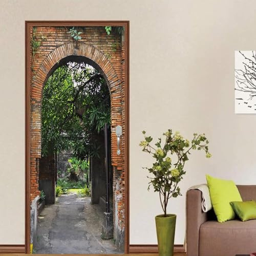 Adesivi per Porte Interne Muro di Mattoni Adesivo Porta 3D Pianta da Giardino Autoadesiva Carta Parati 70x200 cm Decorazione da Parete Poster Murale per Soggiorno Camera da letto a/3025