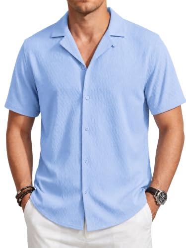 TACVASEN Men's Short Sleeved Shirts Casual Summer Shirt Button Down Tops | Lightweight Textured Beach Holiday Cuban Shirt