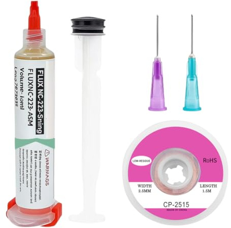 FUHAMJ Flux para Soldar Estaño con Malla Desoldadora 1,5m, Flux Soldadura Electronica, Flux, con Varilla de Empuje, Flujo sin Limpieza para Soldadura Electrónica BGA LED SMD PCB de 138 ℃ (10 ml)