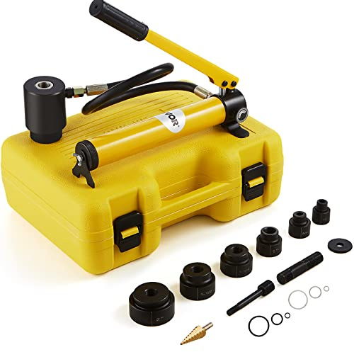 Mophorn Perforadora Hidráulica Manual, 10T Kit de Herramientas de Punzonado Hidráulico, 6 Matrices Juego de Punzón Hidráulico para Perforar Chapas Metálicas, Fibra de Vidrio, Plástico