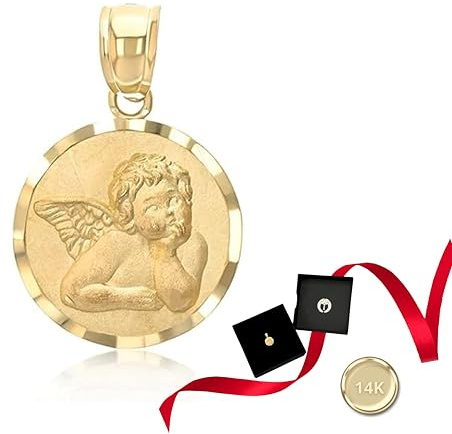 IOKA - 14K Gold Guardian Angel Pendant – Real Cherub Charm – Confirmation Christening Baptism Jewelry Gift - Catholic Christian Keepsake - Religious Necklace Accessory (10mm, 0.81grams) – Ideal Premium Gift for Mom