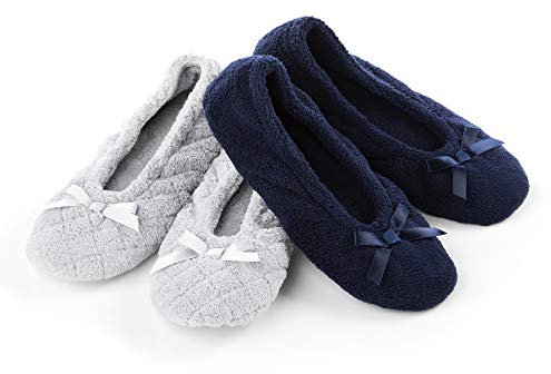 isotoner Damen 2er-Pack Mictroterry Ballerina Slipper mit Satinschleife, Hellgrau, gesteppt, marineblau, einfarbig, 39/40 EU