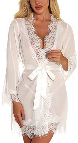 RSLOVE Abito sexy da donna in pizzo Kimono Babydoll Lingerie da sposa Copricostume bianco XXL