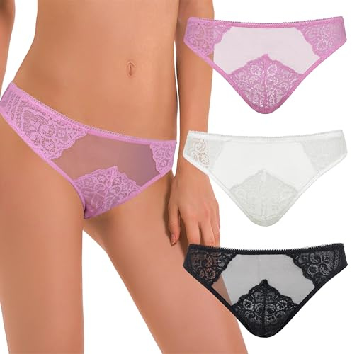 Curve Muse Da Donna Sexy Pizzo Bikini Hipster Mutandine Biancheria Intima-Confezione da 3-Nero, Rosa, Crema-50/52