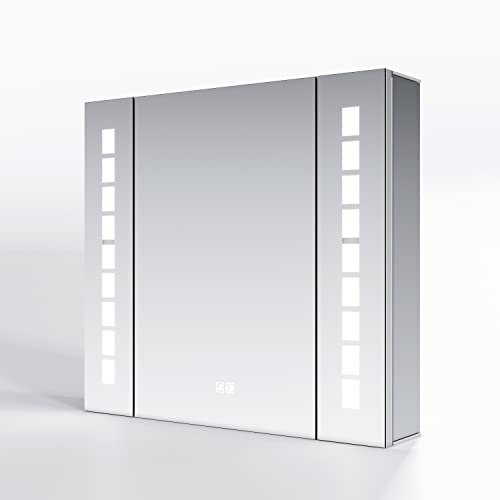 SONNI Spegelskåp badrum med belysning badrum spegelskåp 60 × 65 cm dimfritt spegelskåp badrum med uttag trådlös gångjärn design LED aluminium spegelskåp med touch