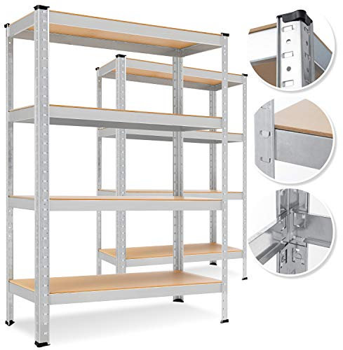 MASKO® 2er-Set Lagerregal Schwerlastregal, Kellerregal, 160 x 80 x 40 cm, bis 700 kg belastbar, 4 verstellbare Ablagen, MDF-Platten Regal aus Metall, Steckregal, Werkstattregal, Keller, Garage Silber