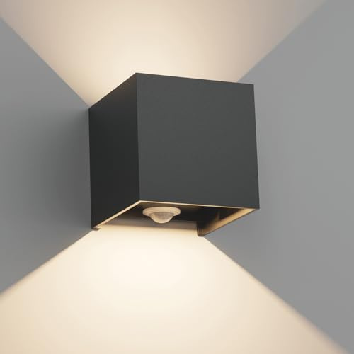 Klighten 12 W utomhu med rörelsedetektor, svart, 4 000 K | Vägglampa för utomhusbruk med rörelsedetektor justerbar ljusstråle, LED-vägglampa utomhus/inomhus för trädgård, IP65