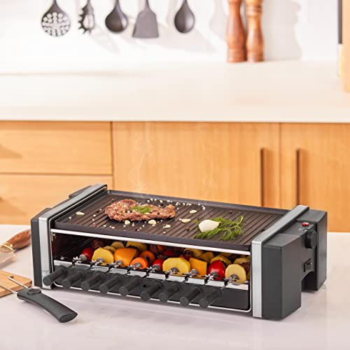 Karaca Raclette Grill 1200 Watt, Feuerfeste, Antihaftbeschichtete Guss-Grillplatten, Möglichkeit Zur Zubereitung Von 9 Spießen, Breite Grillfläche, Einstellbare Temperatur, Ausschalttaste, Partygrill