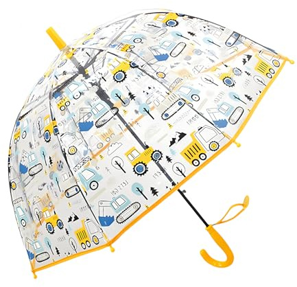 Meichoon Ombrello per bambini con motivo Bulldozer Trasparente 70cm/27,5 Cupola con Vista Chiara Apertura Automatica Protezione dal Vento e dalla Pioggia Giallo