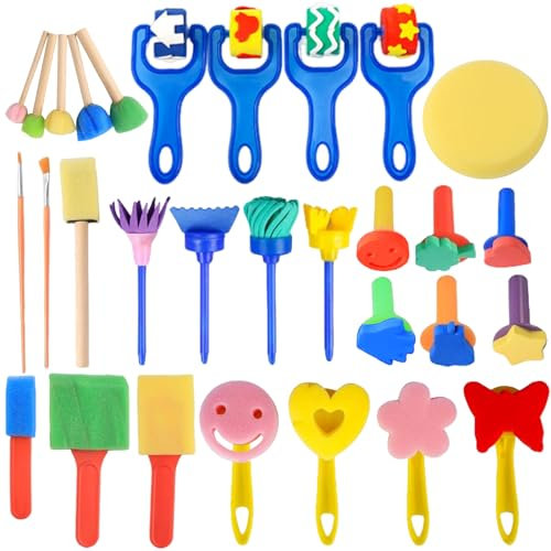 Raxfekro 30 Stücke Schwamm Pinsel Set Kinder, Malutensilien Kinder, Schwammpinsel, Früherziehung Malwerkzeuge Set, DIY-Handmalerei-Werkzeuge