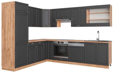 Vicco Hörnkök Fame-Line, Herrgård i antracitguld/Goldkraft ek, 287 x 227 cm, AP Oak, för individuell expansion med kompatibla moduler