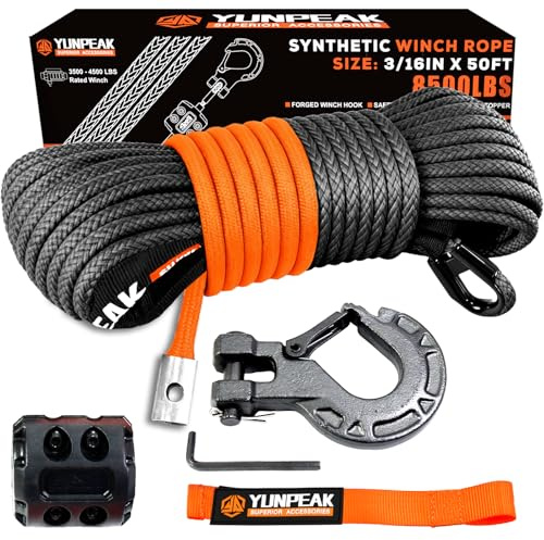 Synthetic Winch Rope Kit, 3/16 x50 ft 8500LBS Winch Cable Replace Kit, with Protective Sleeve, Heavy Duty Hook, Rubber Stopper, Safety Pull Strap for Off-Road 4x4 Vehicles ATV UTV(Black)