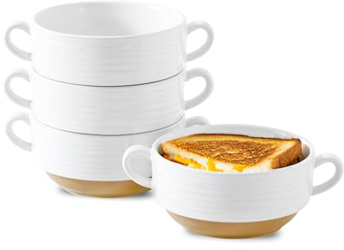 HASENSE Ceramic Soup Bowls with Handles, 20 Oz French Onion Soup Crocks Set of 4, Stackable White Serving Bowls for Stew, Chili & Cereal, Oven Microwave Dishwasher Safe, Christmas Kitchen Gift