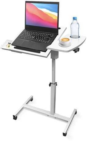 SEHAUSEU Mobiler Hubtisch Betttisch auf Rollen, Stehtisch Laptoptisch Computertisch, Tischplatte Kippbar Drehbar Faltbar, Beistelltisch Nachttisch für Sofa Wohnzimmer Schlafzimmer, 66-95 cm (Weiß)