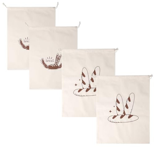 Sqxaldm Lot de 4 sacs à pain en lin réutilisables avec cordon de serrage pour pain, baguette, fruits, légumes (31 x 38 cm), beige, /