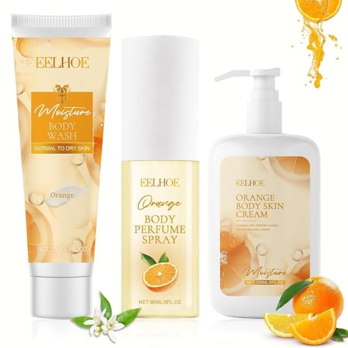 Badeset Frauen Geschenk Orange Wellness Set für Frauen Duschset Frauen Geschenkset mit Duschgel, Parfüm und Bodylotion, Wellness Geschenk Set zum Valentinstag & Muttertag - Orangenduf