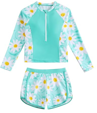 Hotfiary Traje de Baño Niña, Bañador 2 Piezas Upf 50+ Manga Larga con Cremallera Y Bañador Short, Bañador de Verano para Niños 8-12 Años, Traje de Baño Tankini de Playa para Niñas Grandes con Protecci